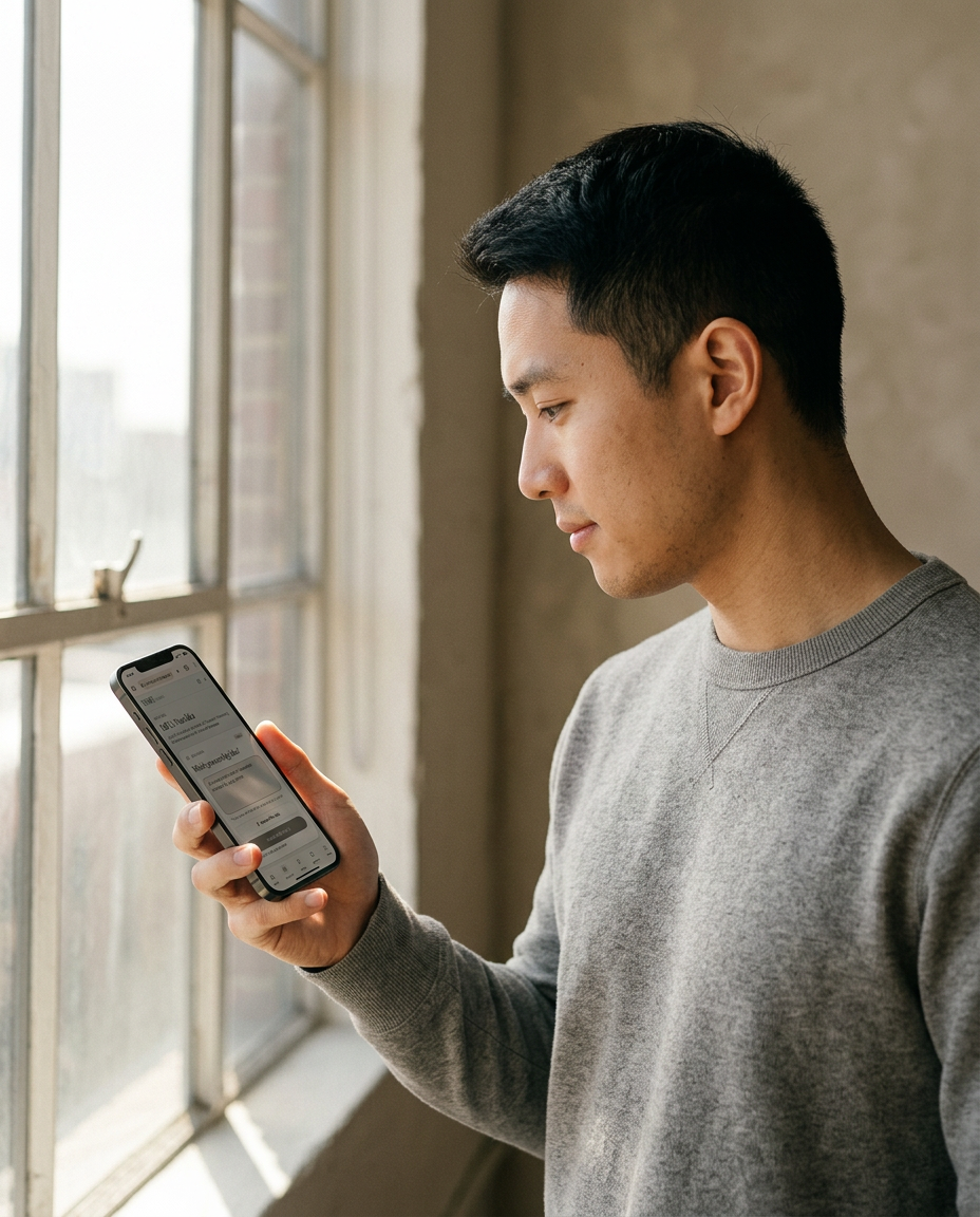 A founder submitting a business idea on his phone by a window