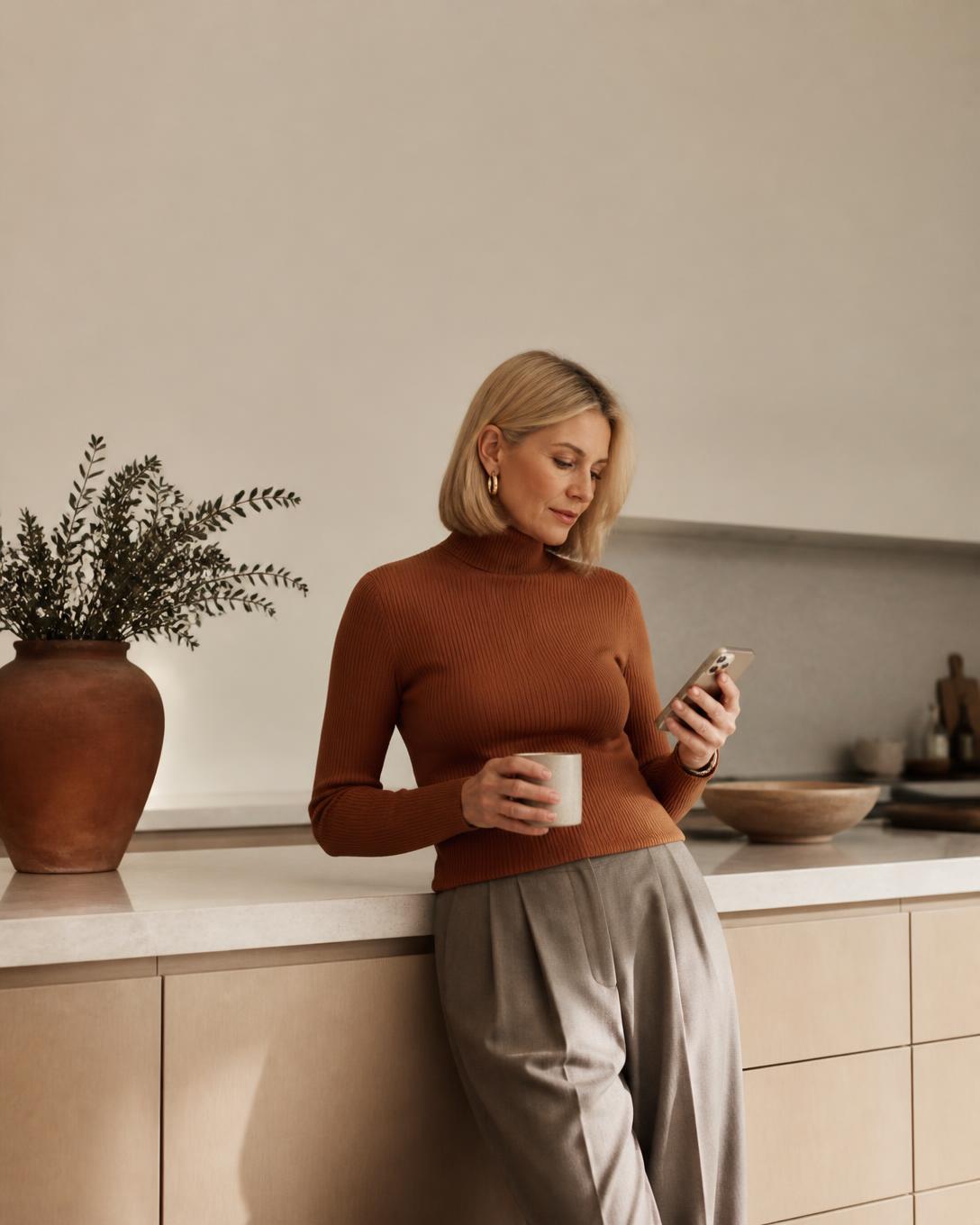 A founder reviewing her business idea on her phone over morning coffee