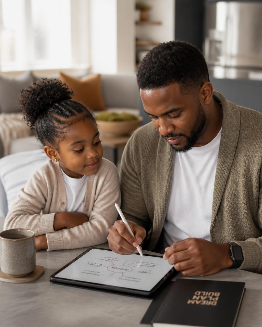A Black father in his 30s using a tablet and stylus to jot down business ideas while his young daughter sits beside him