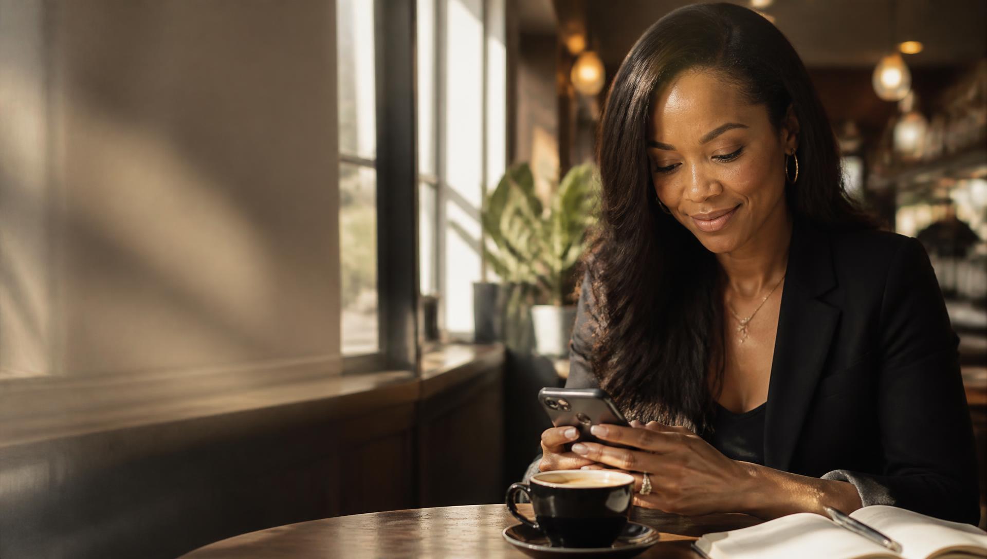 A woman checking her business idea report on her phone at a restaurant table