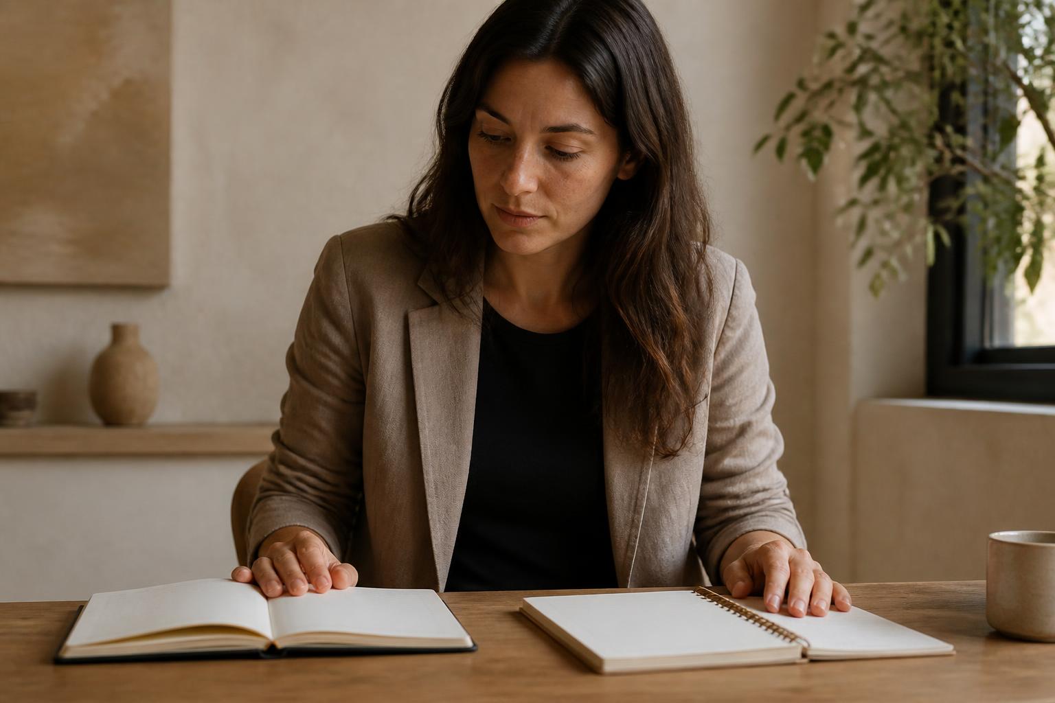 Two cups of coffee beside an open notebook, suggesting a comparison