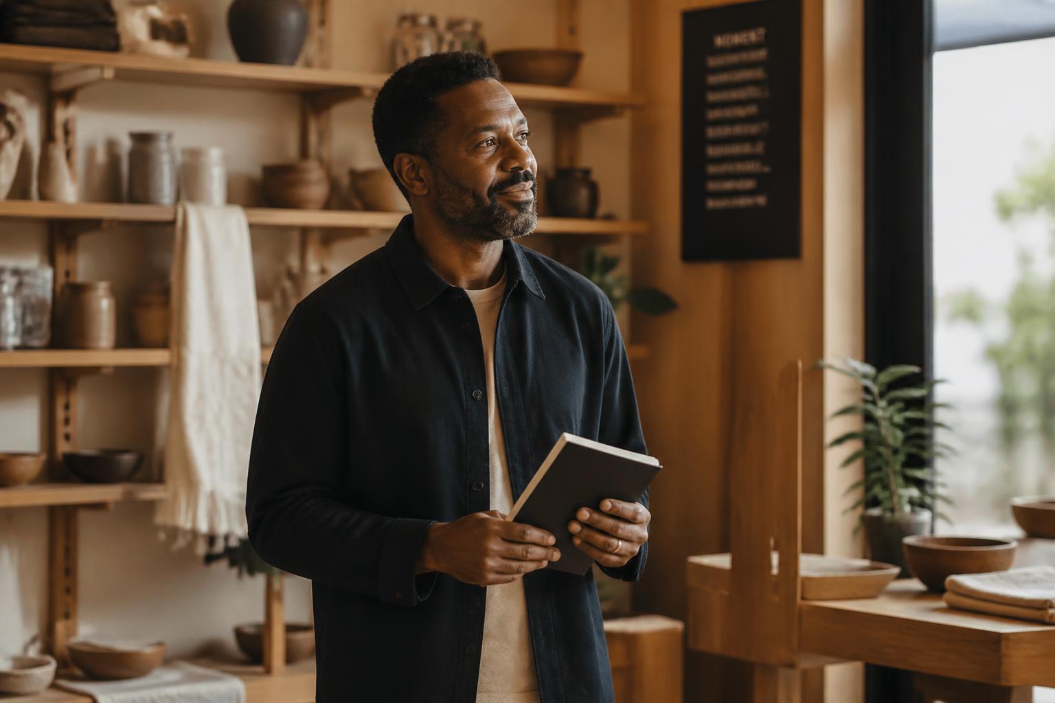 A small business owner with a notebook in their shop