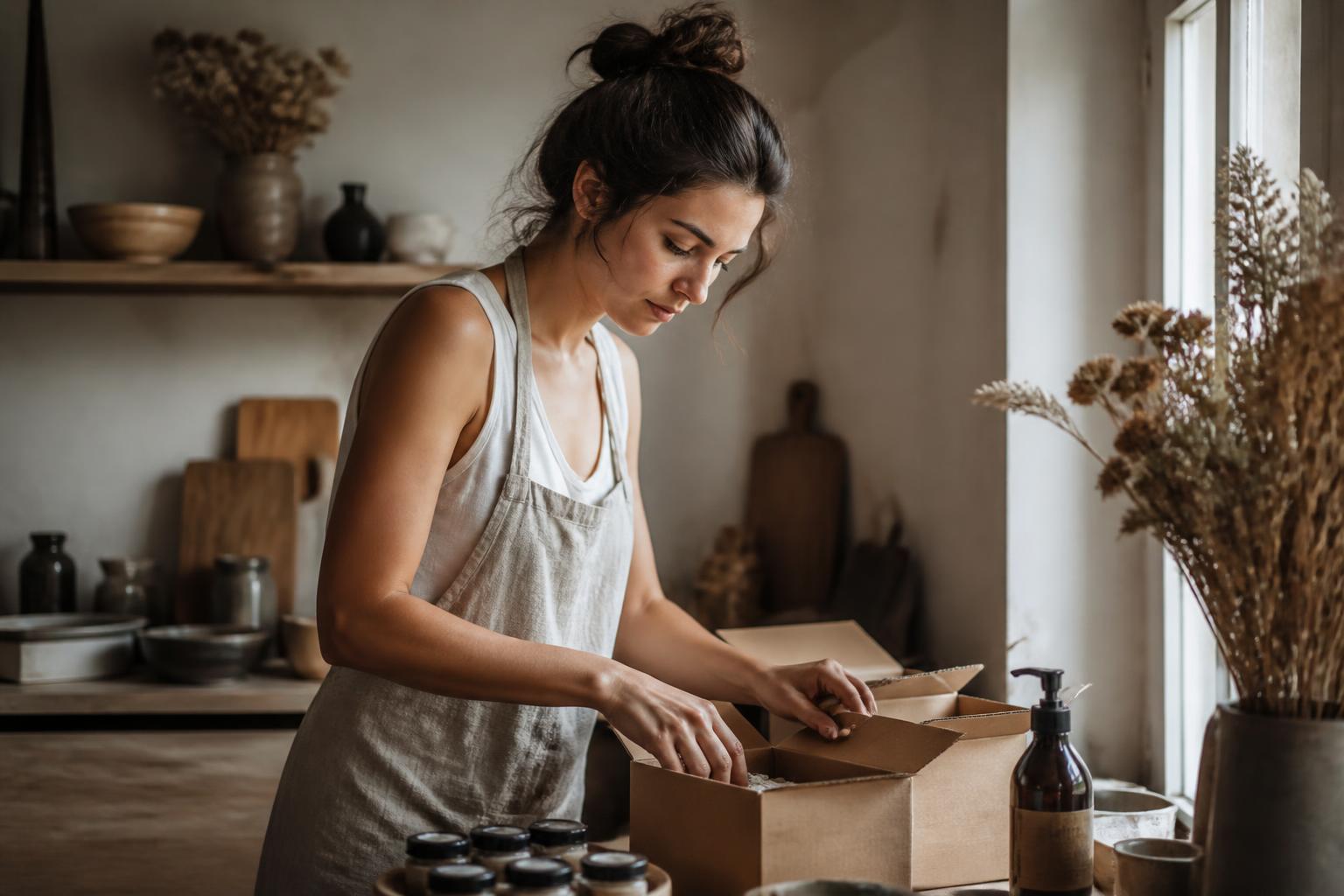 A small business owner packing orders in a bright workshop