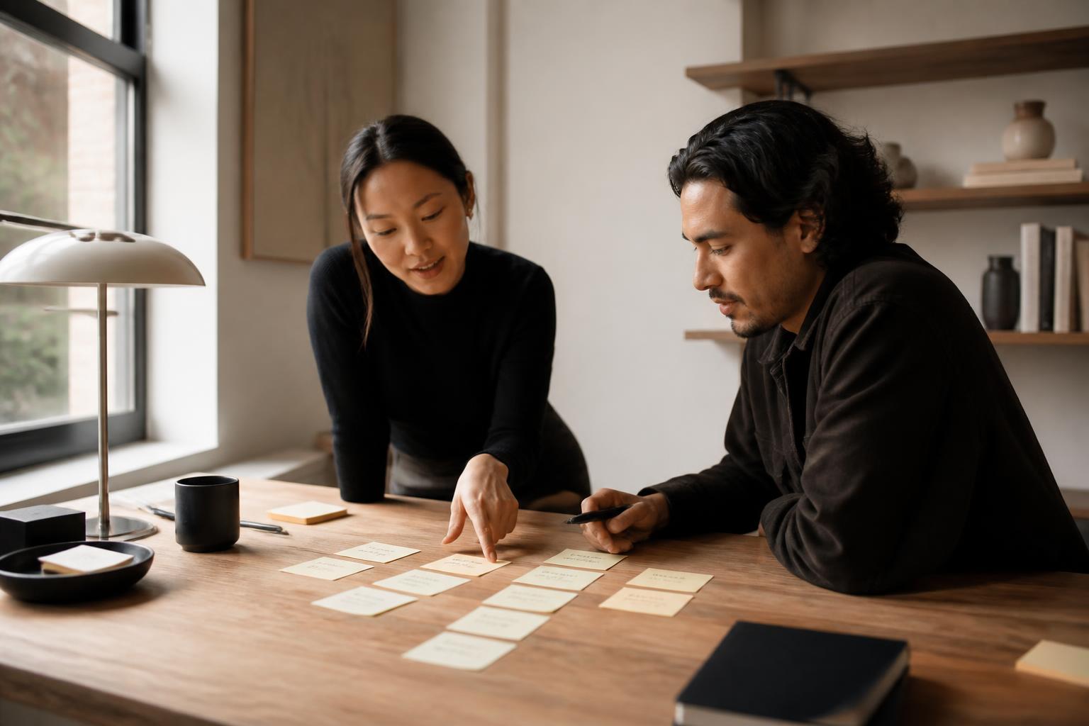 Two founders mapping out a plan with sticky notes on a wooden table
