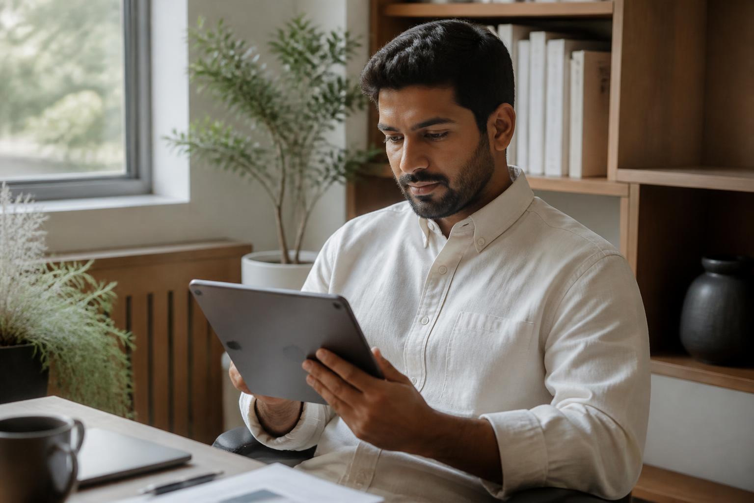 A founder reviewing market research charts on a tablet