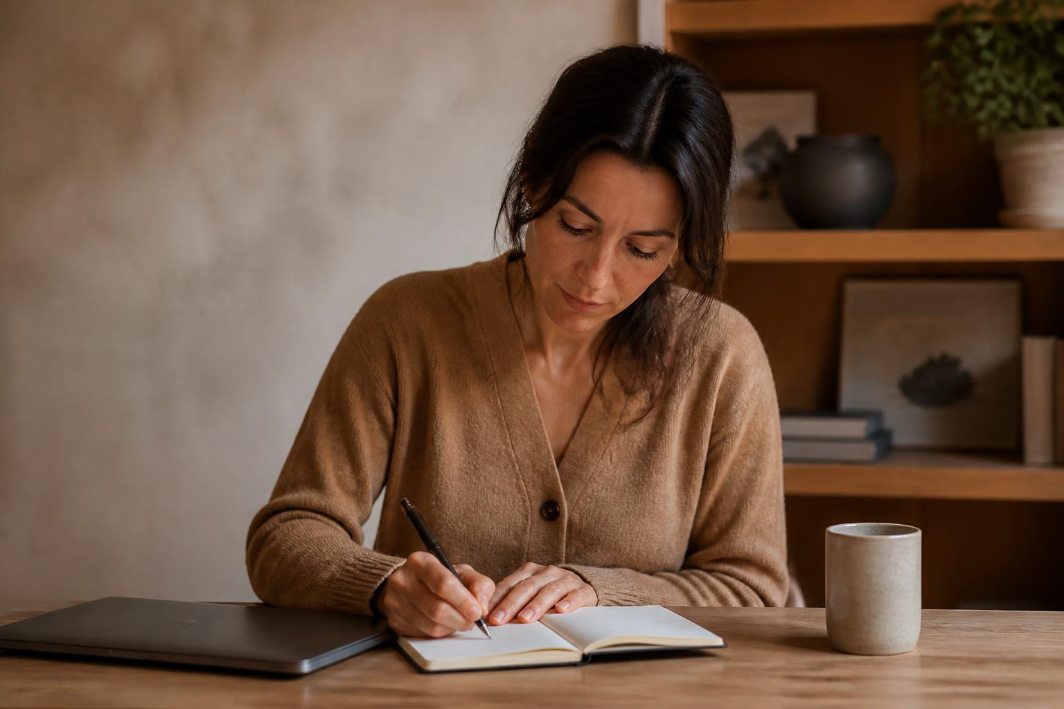 A founder writing a short list of business idea notes in a notebook