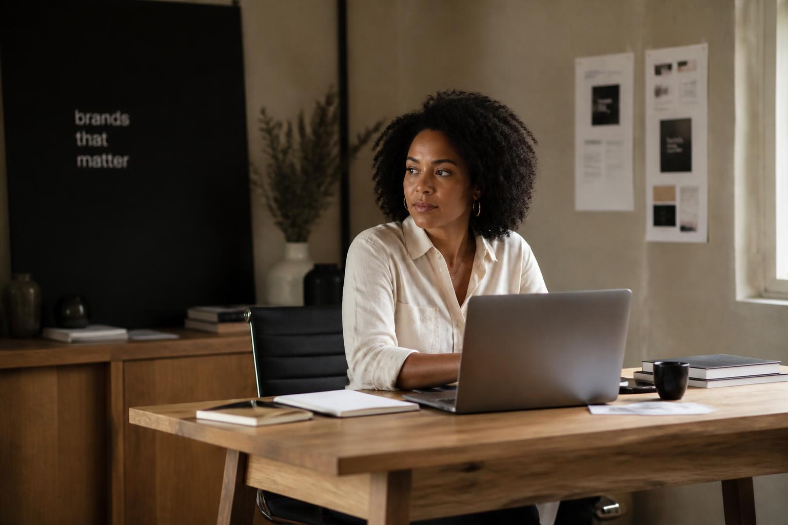 A founder working at a laptop in a warm, sunlit studio