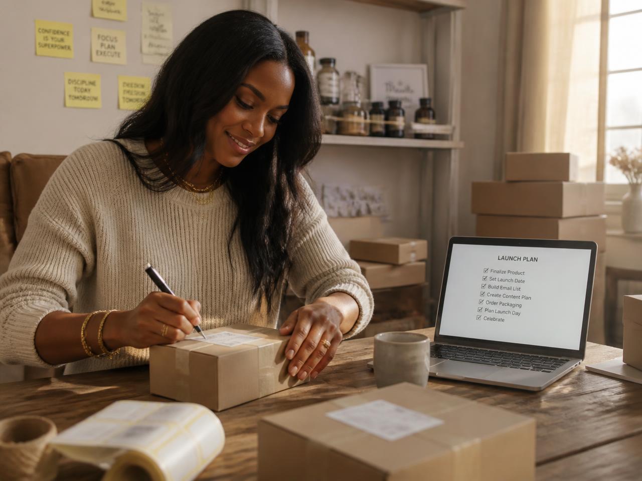 A founder packing orders at home while her VSNRY Studio launch plan sits open on her laptop