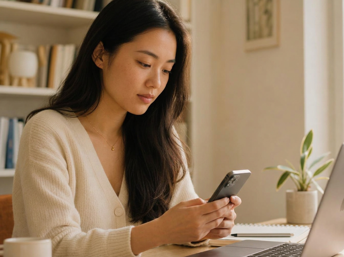 Entrepreneur looking at her launch plan on the VSNRY Studio app on her phone