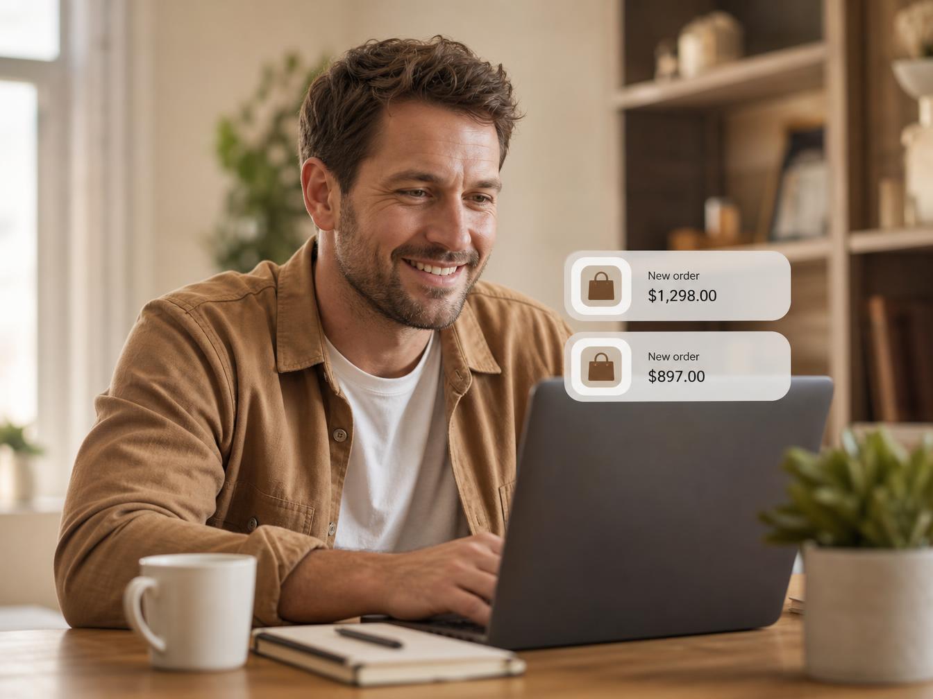 Entrepreneur smiling at new sale notifications while working on his laptop